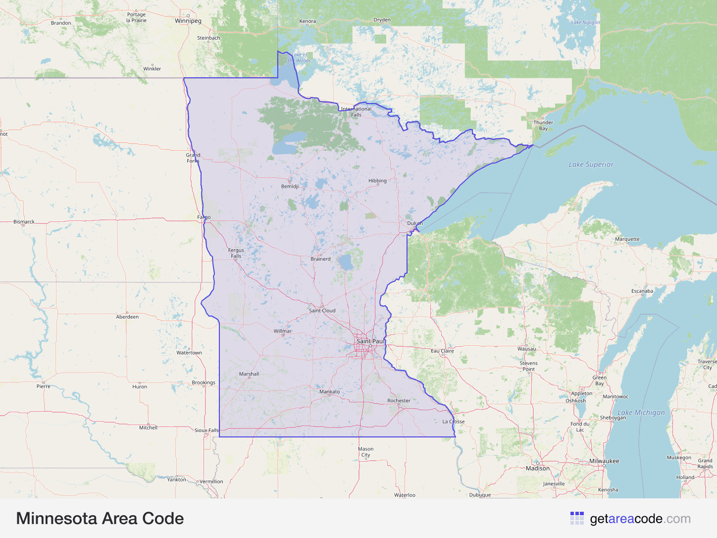 Map of Minnesota showing the area covered by its area codes