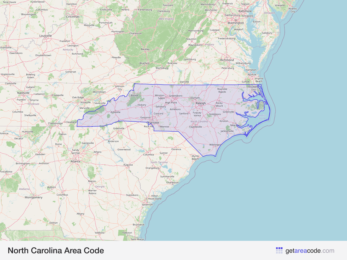 Map of North Carolina showing the area covered by its area codes