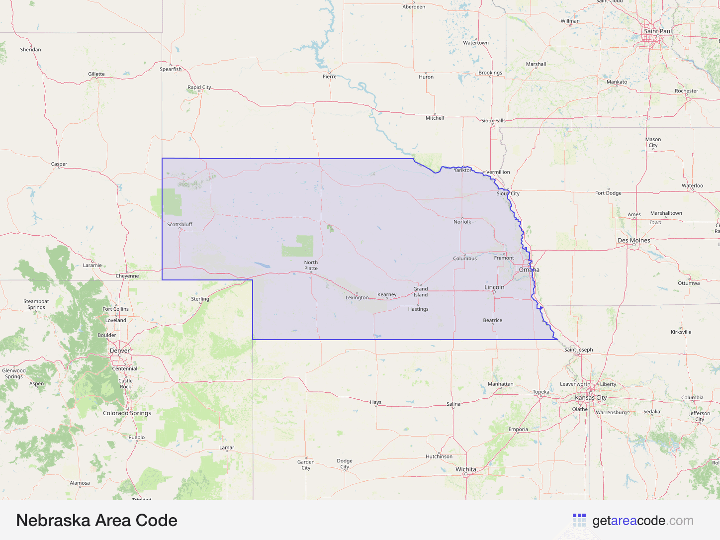 Map of Nebraska showing the area covered by its area codes