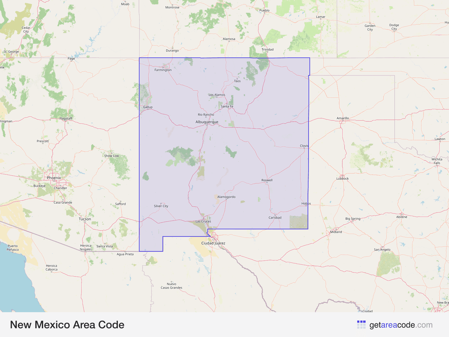 Map of New Mexico showing the area covered by its area codes