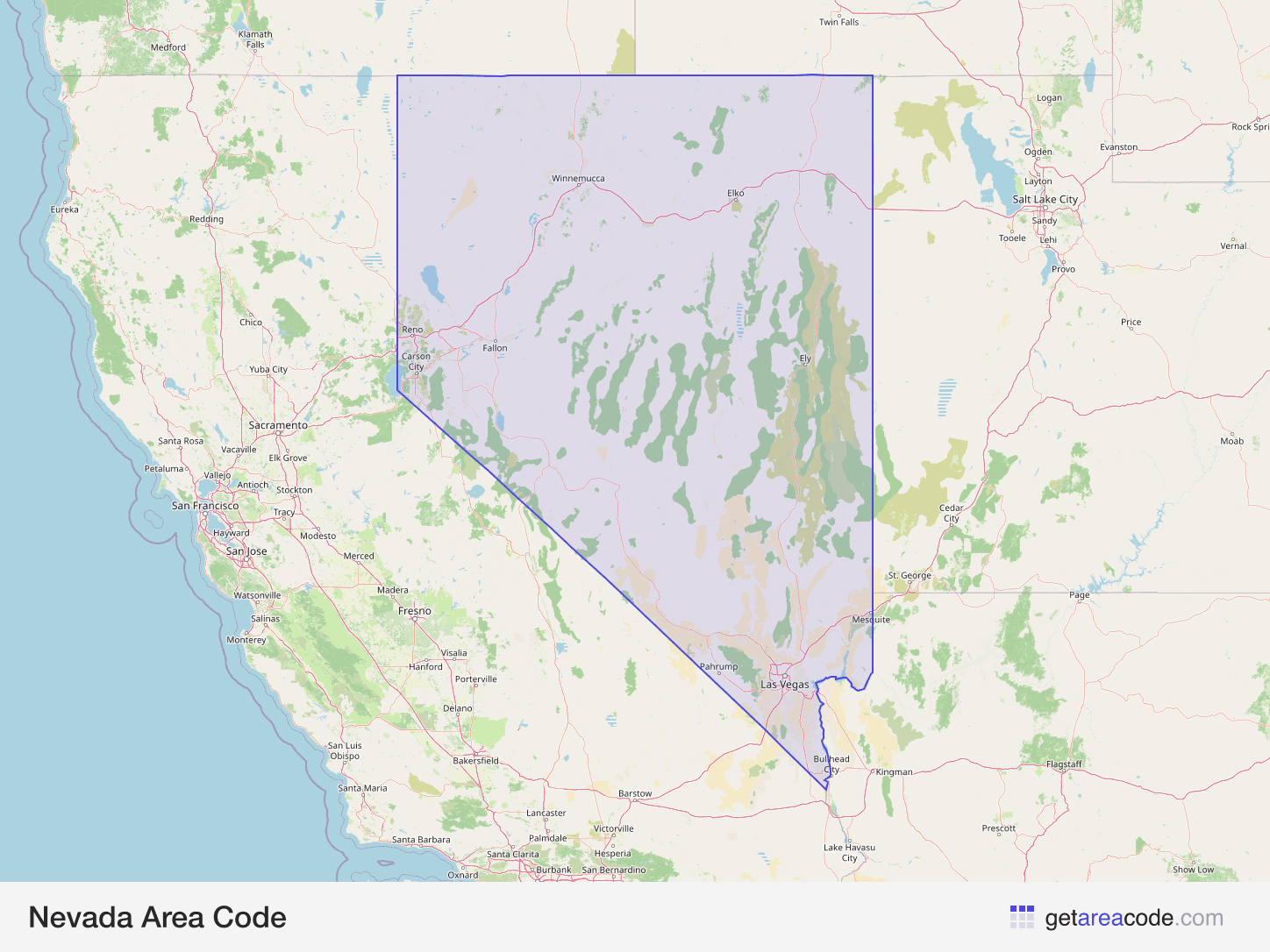 Map of Nevada showing the area covered by its area codes
