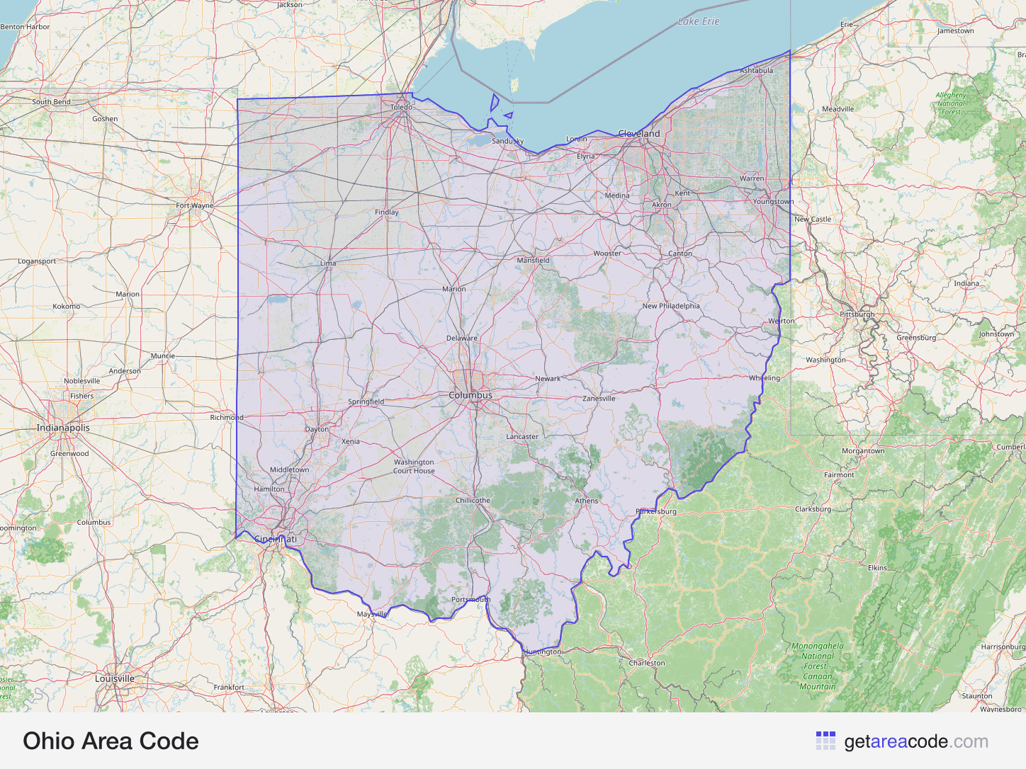 Map of Ohio showing the area covered by its area codes