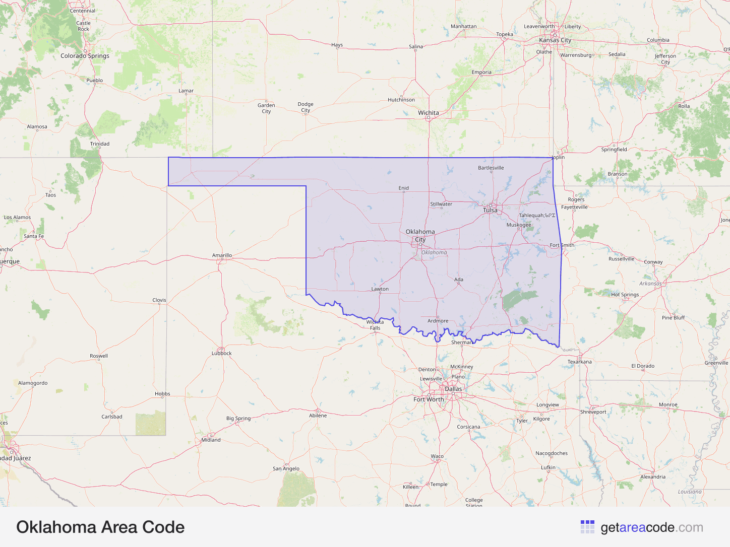 Map of Oklahoma showing the area covered by its area codes