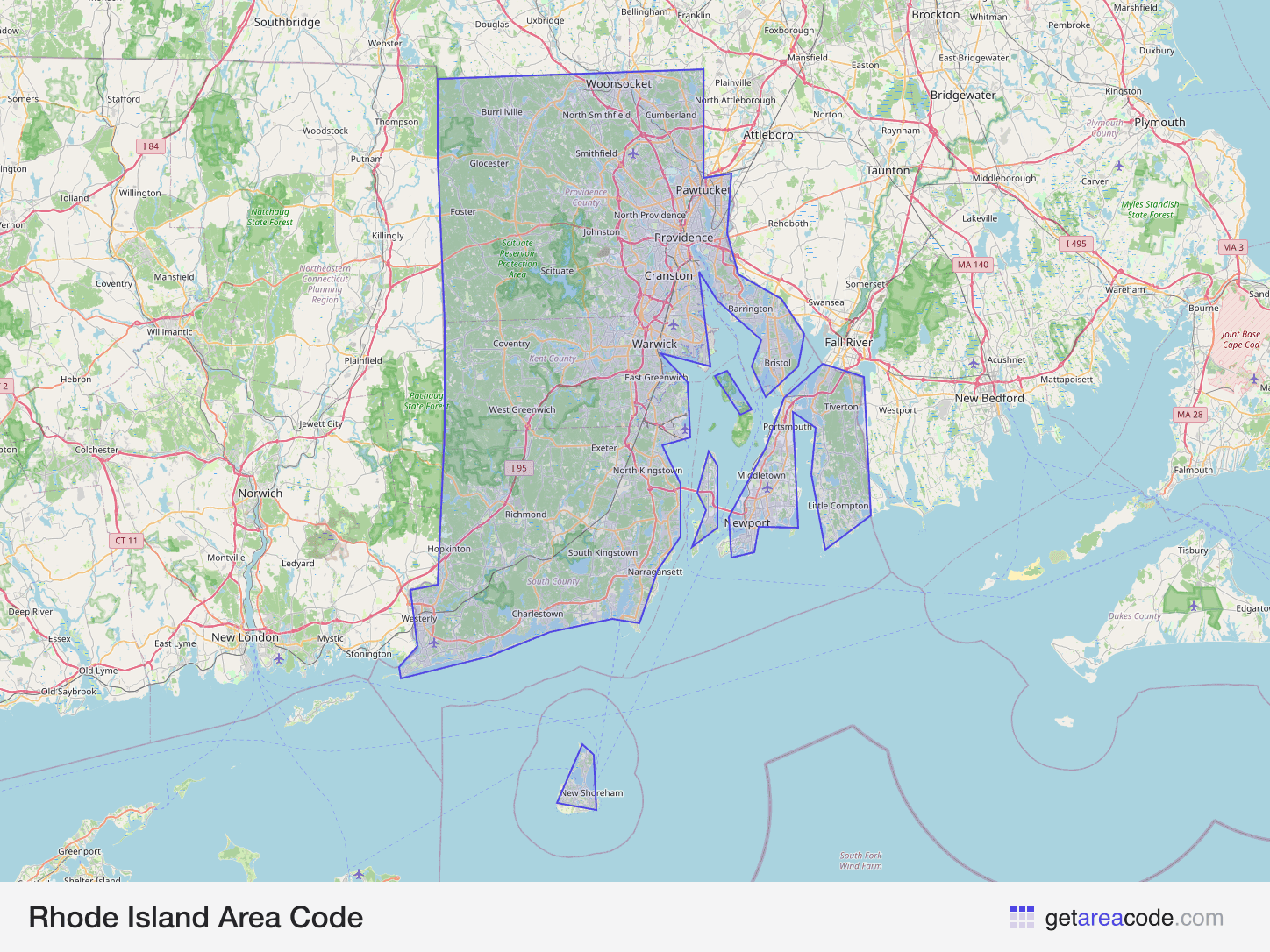 Map of Rhode Island showing the area covered by its area codes