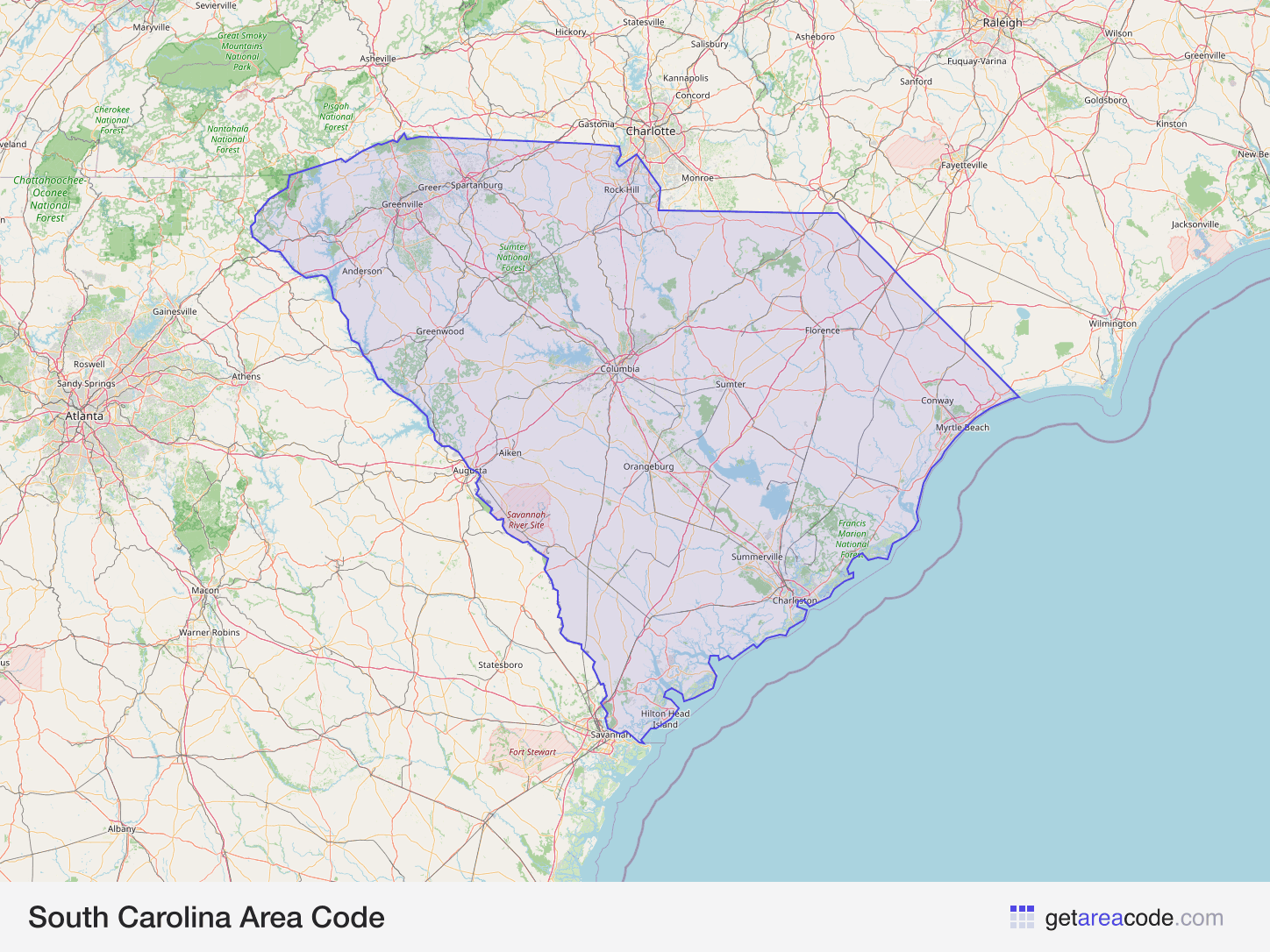 Map of South Carolina showing the area covered by its area codes