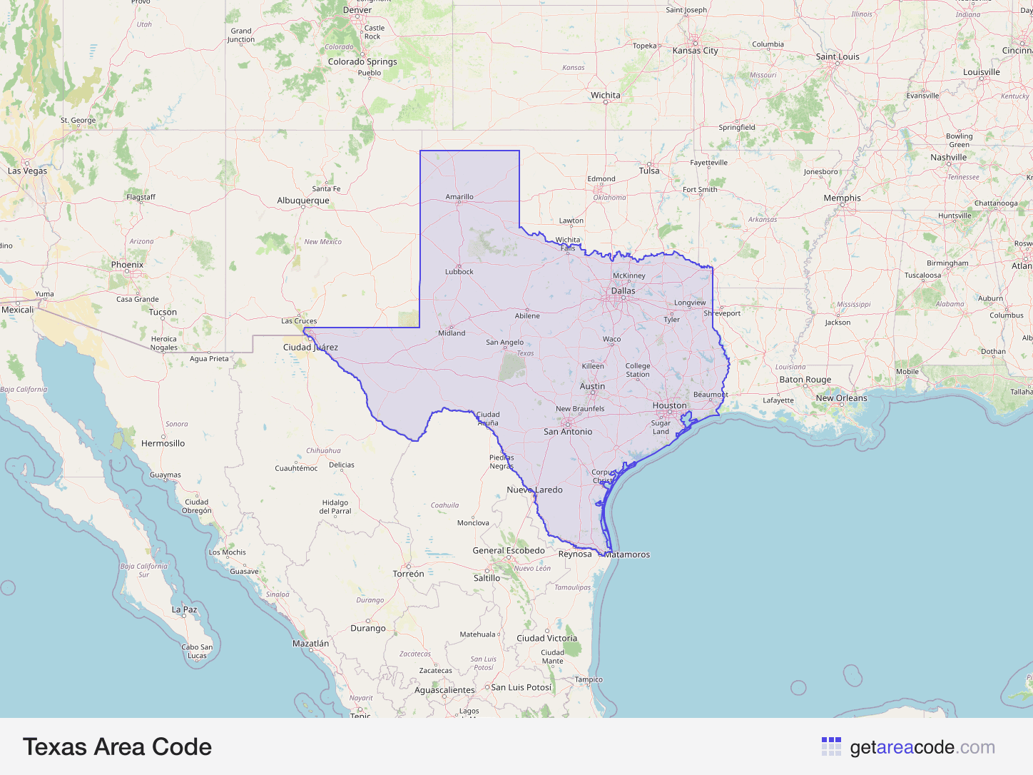 Map of Texas showing the area covered by its area codes