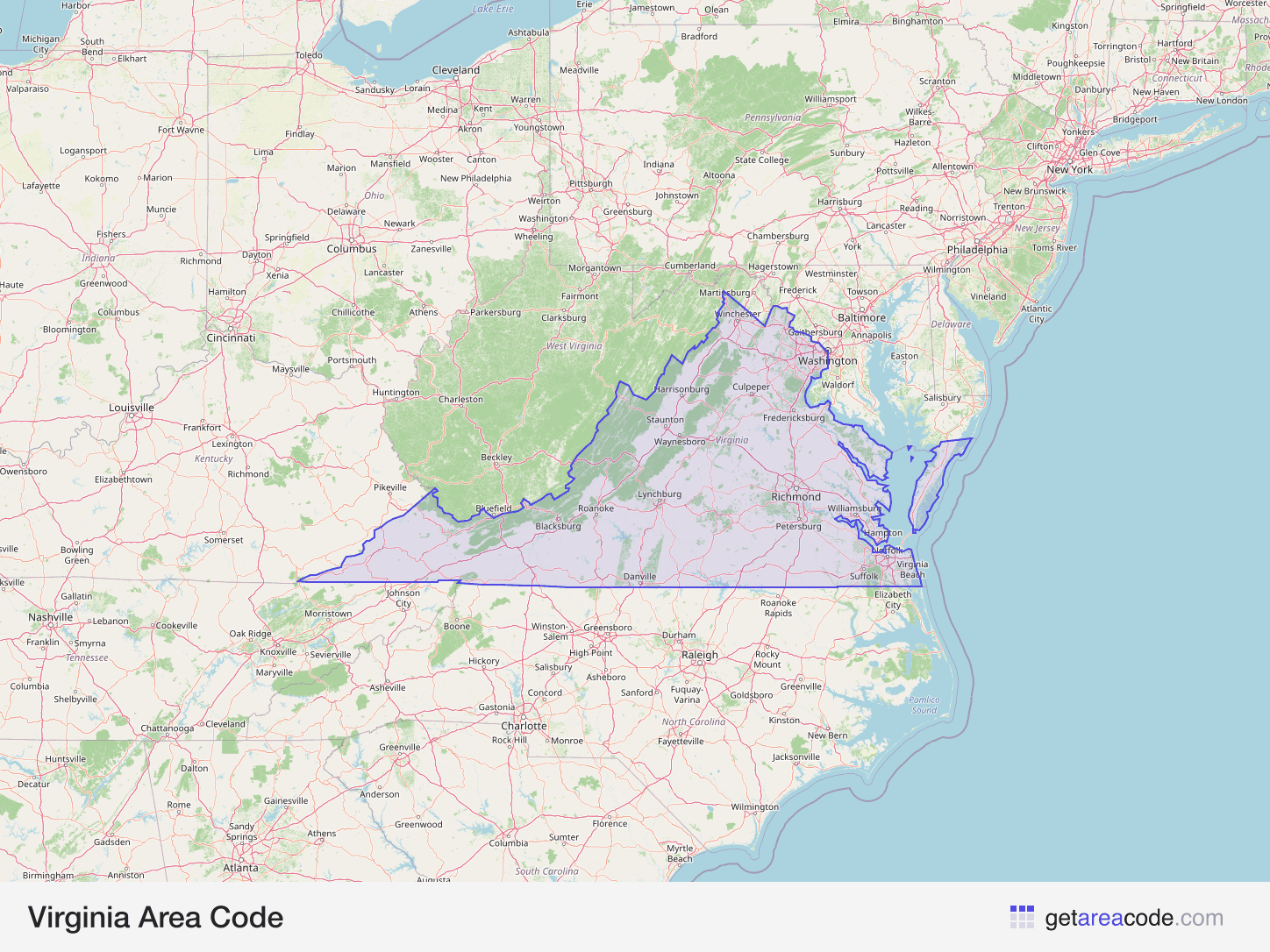 Map of Virginia showing the area covered by its area codes