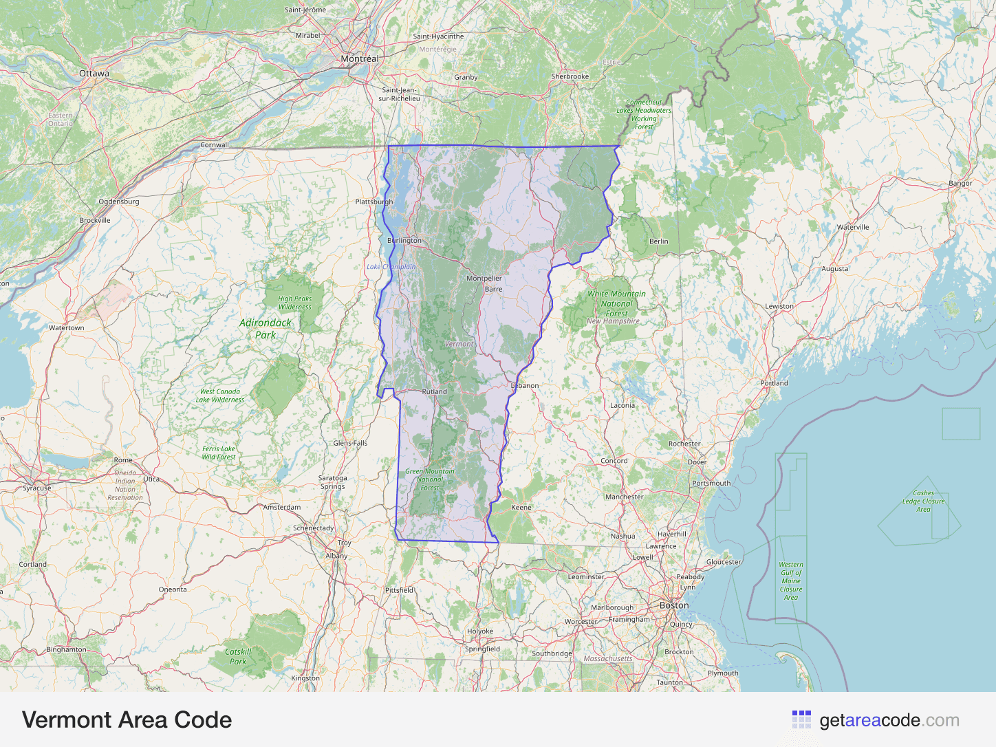 Map of Vermont showing the area covered by its area codes