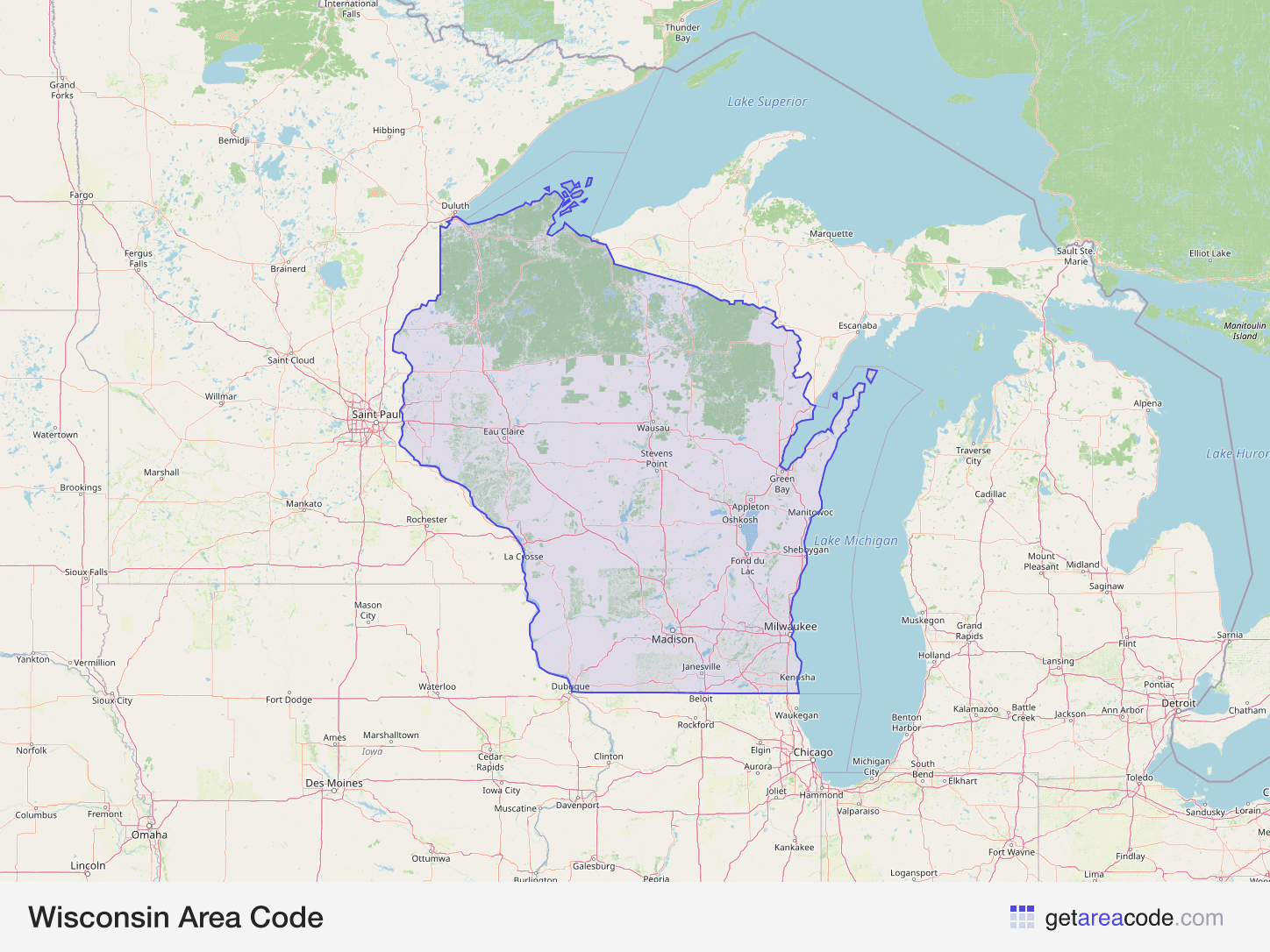 Map of Wisconsin showing the area covered by its area codes
