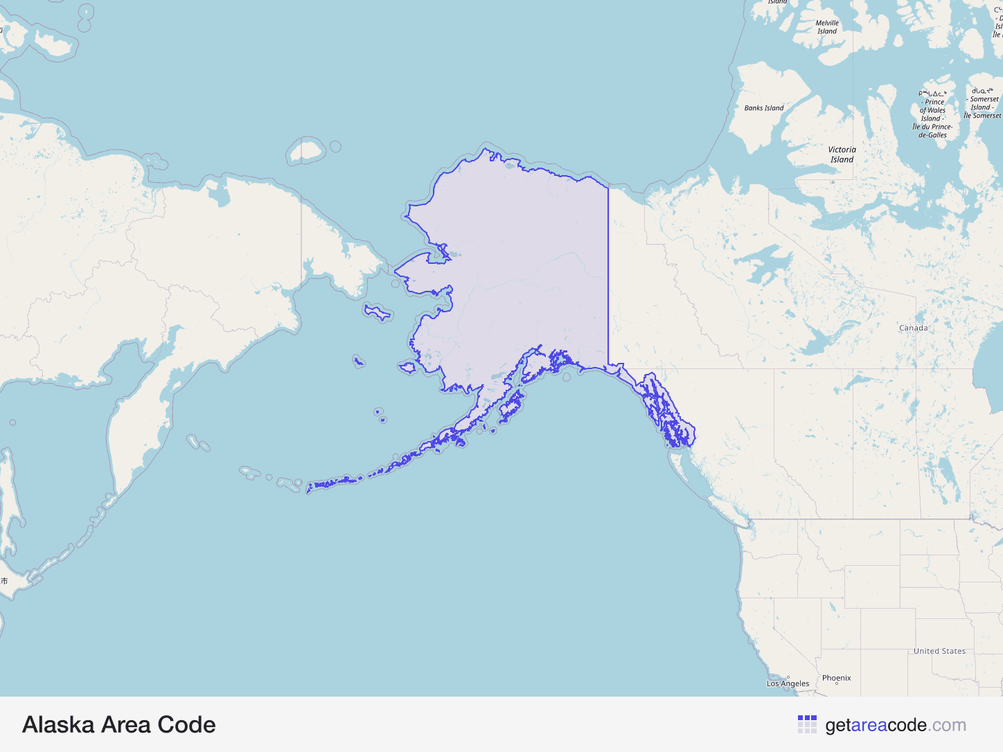 Map of Alaska showing the area covered by its area codes