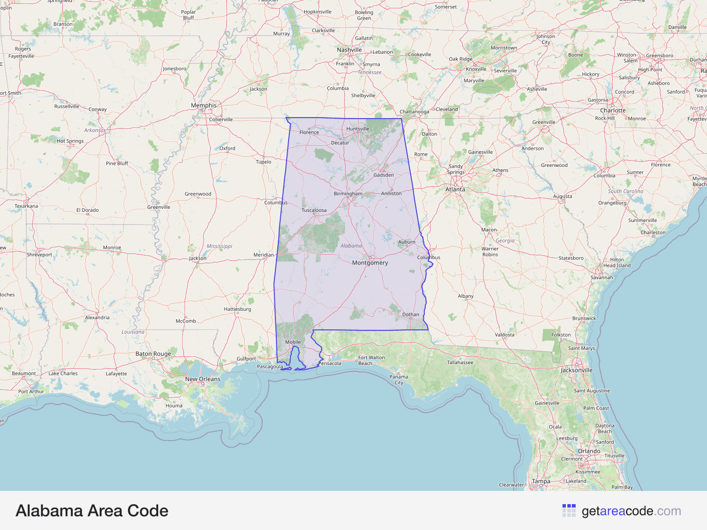 Map of Alabama showing the area covered by its area codes