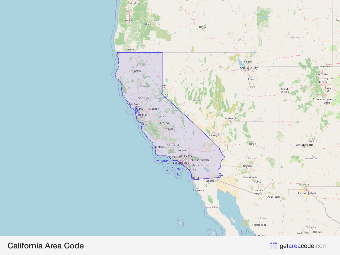 Map of California showing the area covered by its area codes