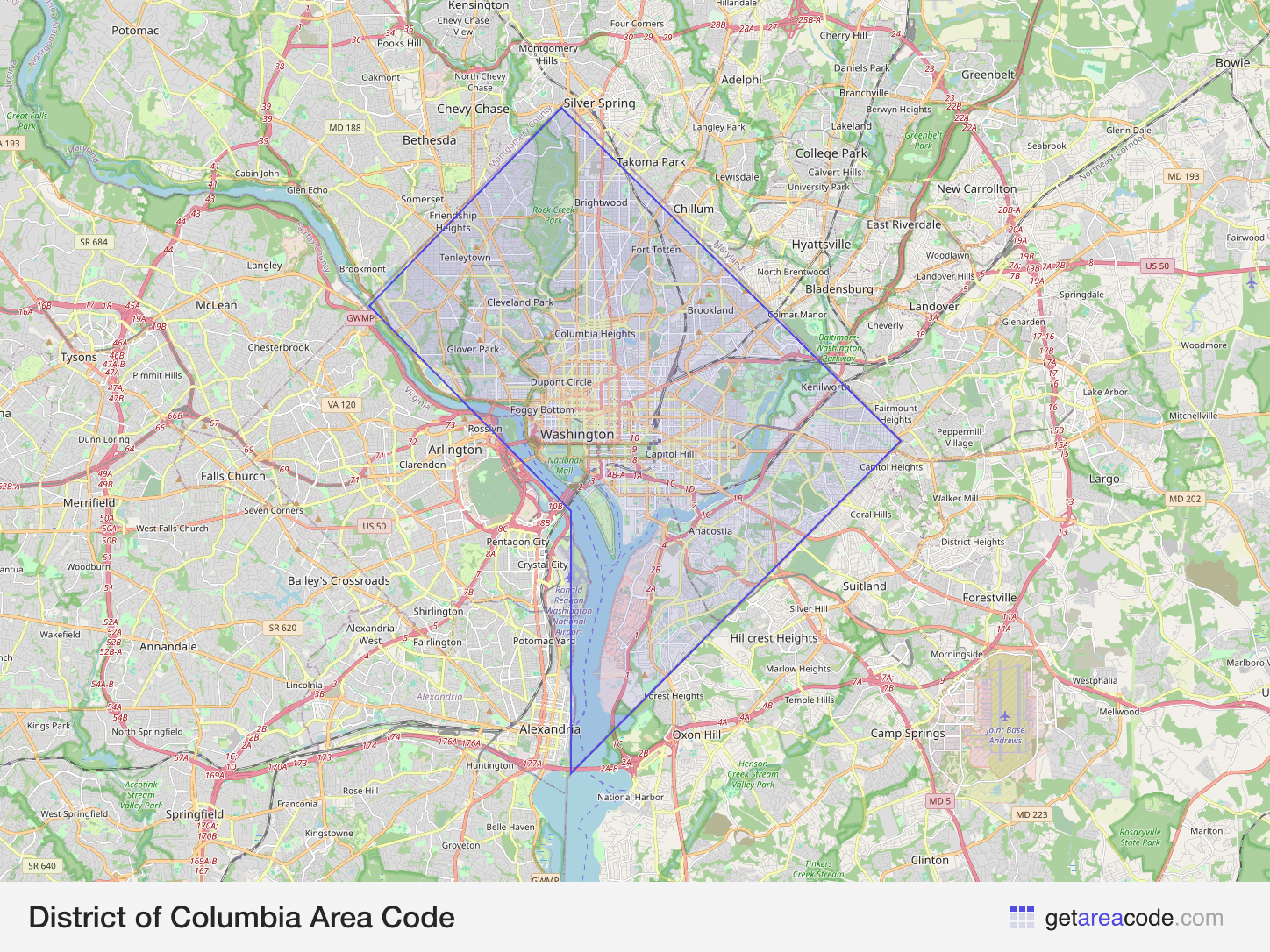 Map of District of Columbia showing the area covered by its area codes