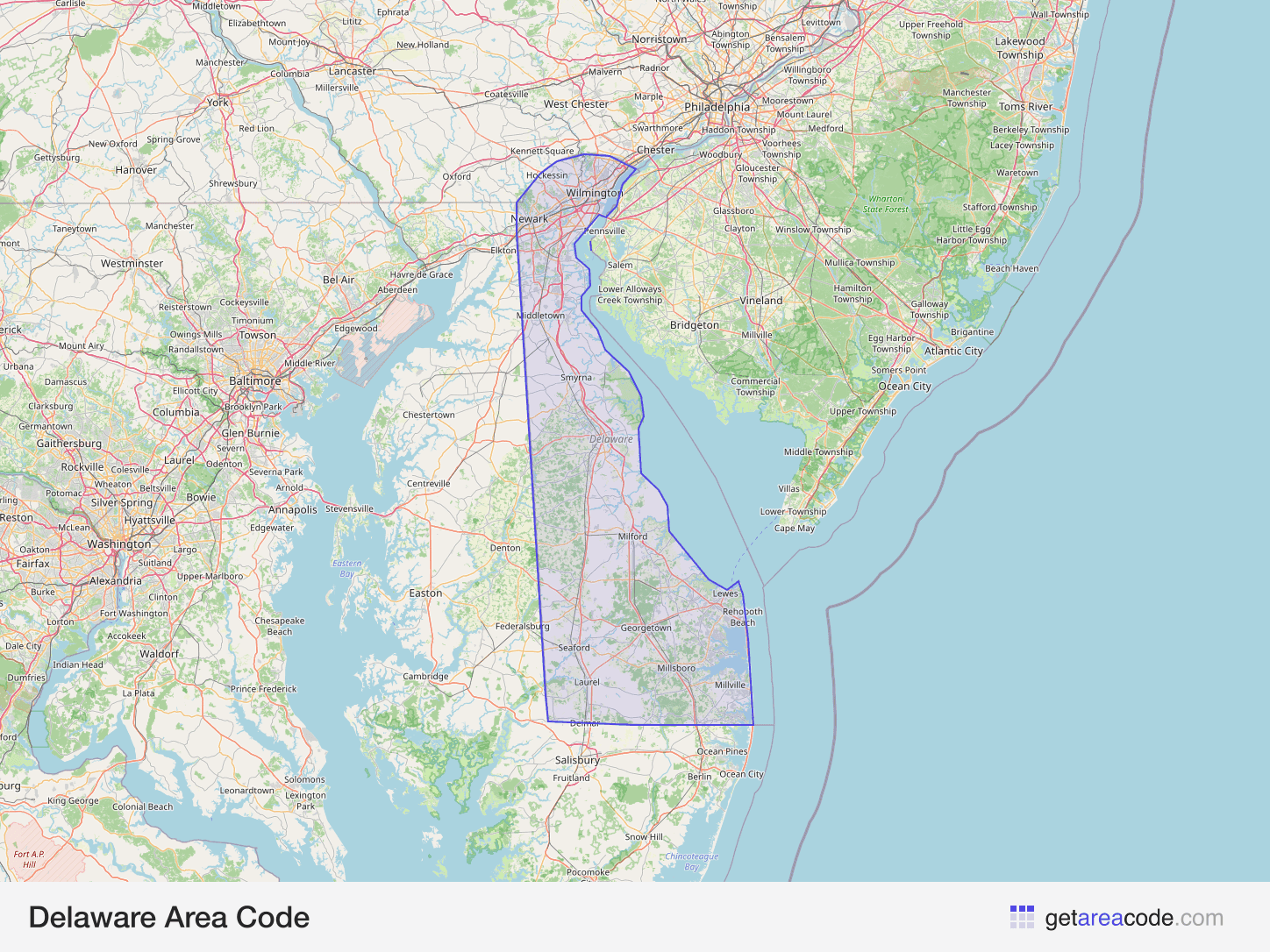 Map of Delaware showing the area covered by its area codes