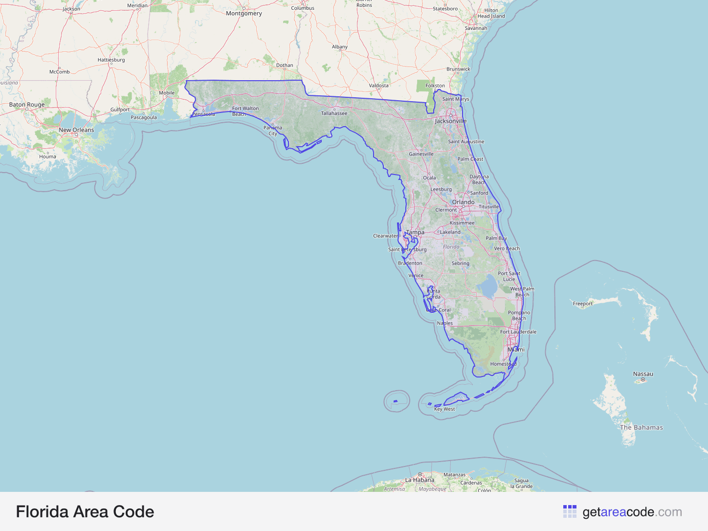 Map of Florida showing the area covered by its area codes