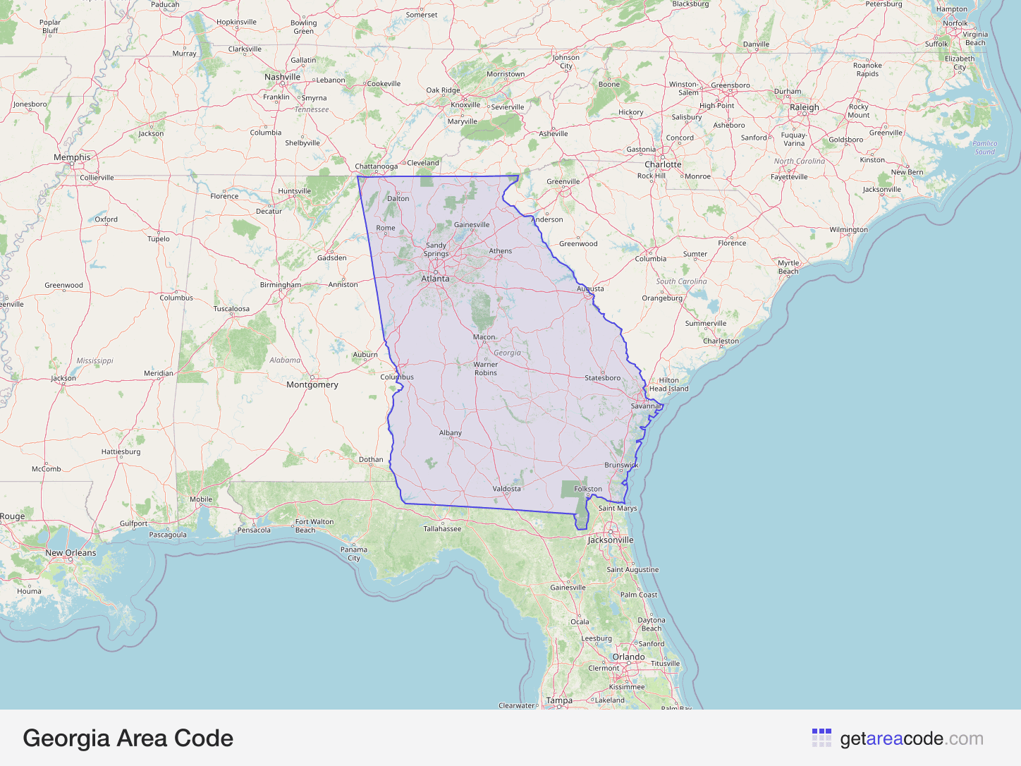 Map of Georgia showing the area covered by its area codes