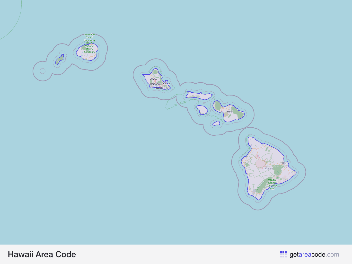 Map of Hawaii showing the area covered by its area codes