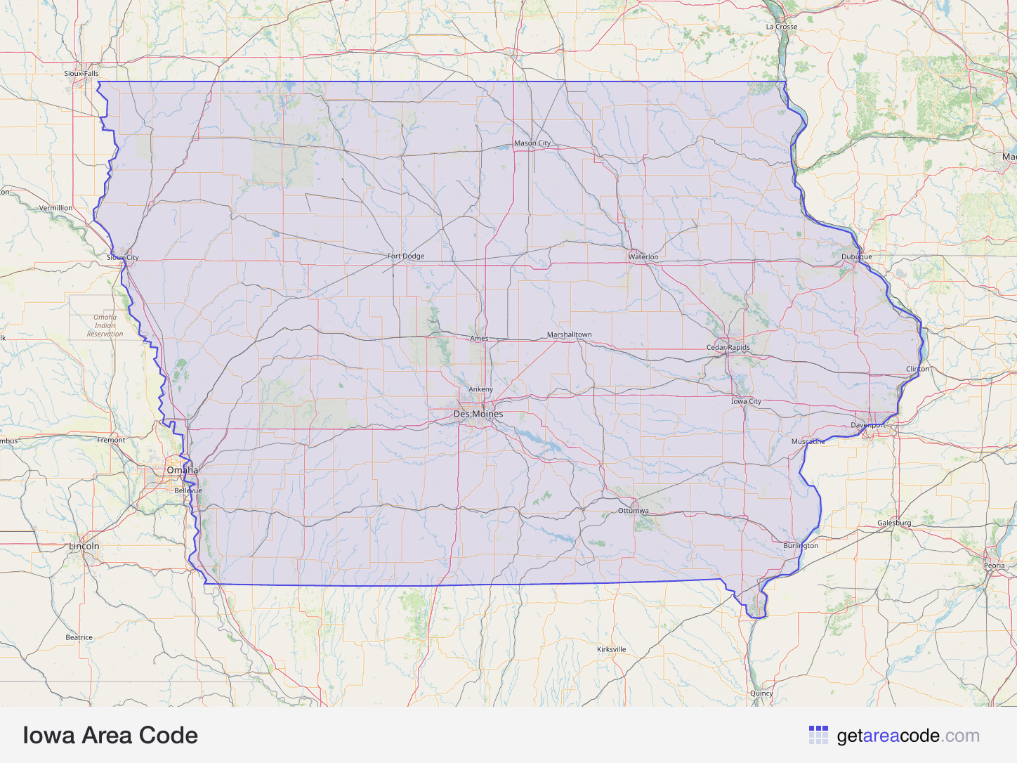 Map of Iowa showing the area covered by its area codes
