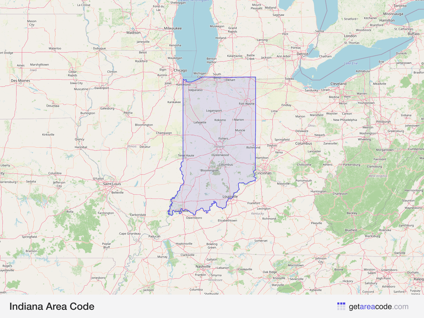 Map of Indiana showing the area covered by its area codes