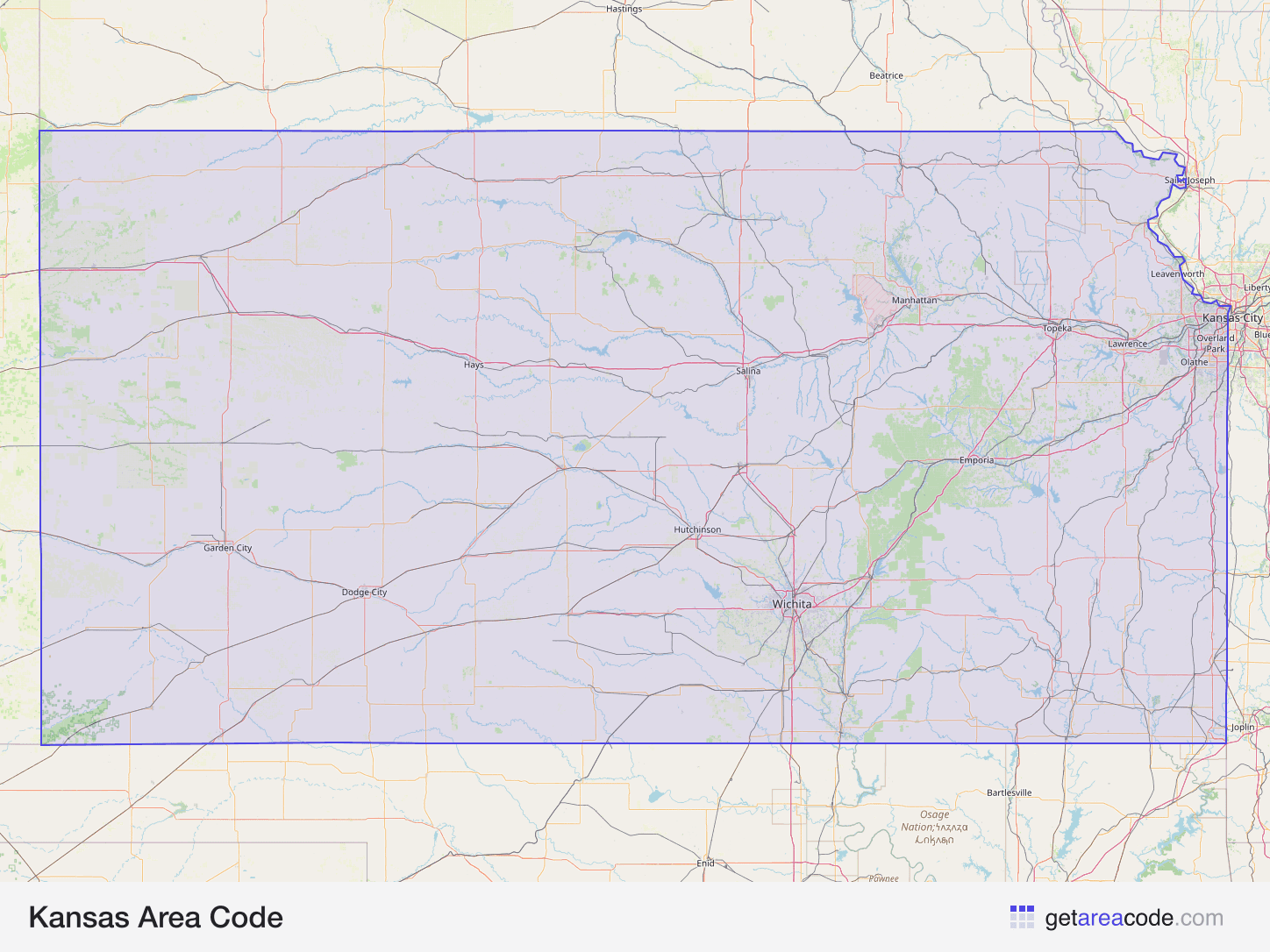 Map of Kansas showing the area covered by its area codes