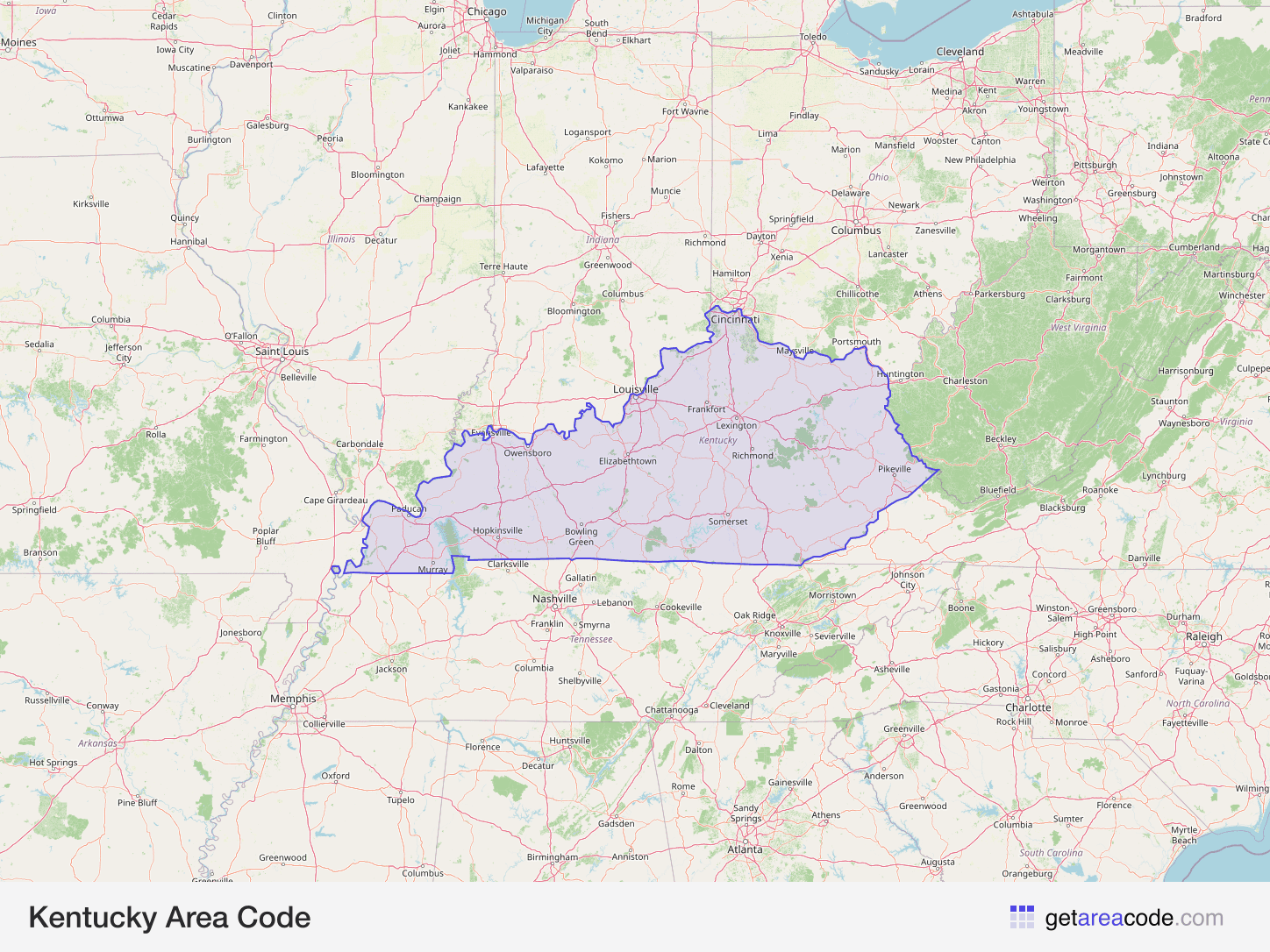 Map of Kentucky showing the area covered by its area codes
