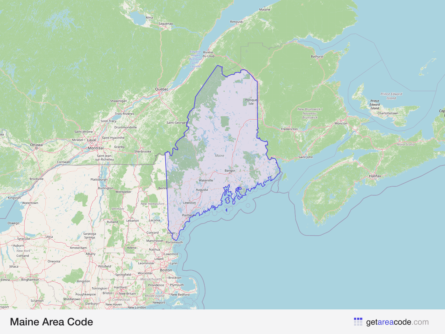 Map of Maine showing the area covered by its area codes
