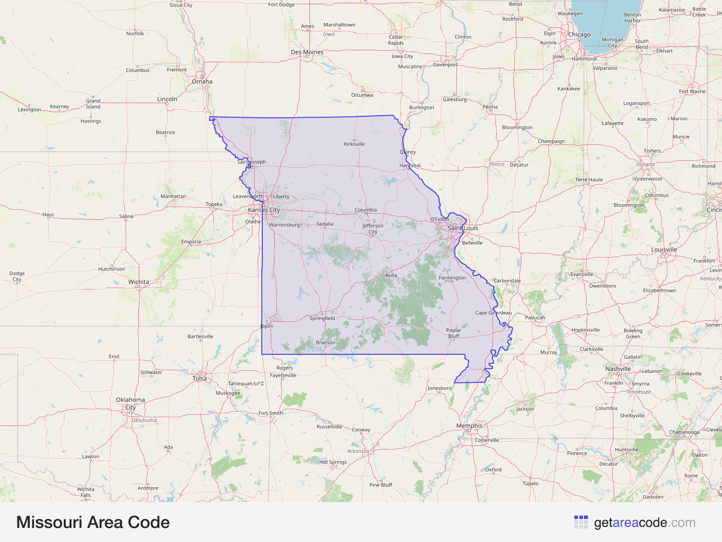 Map of Missouri showing the area covered by its area codes
