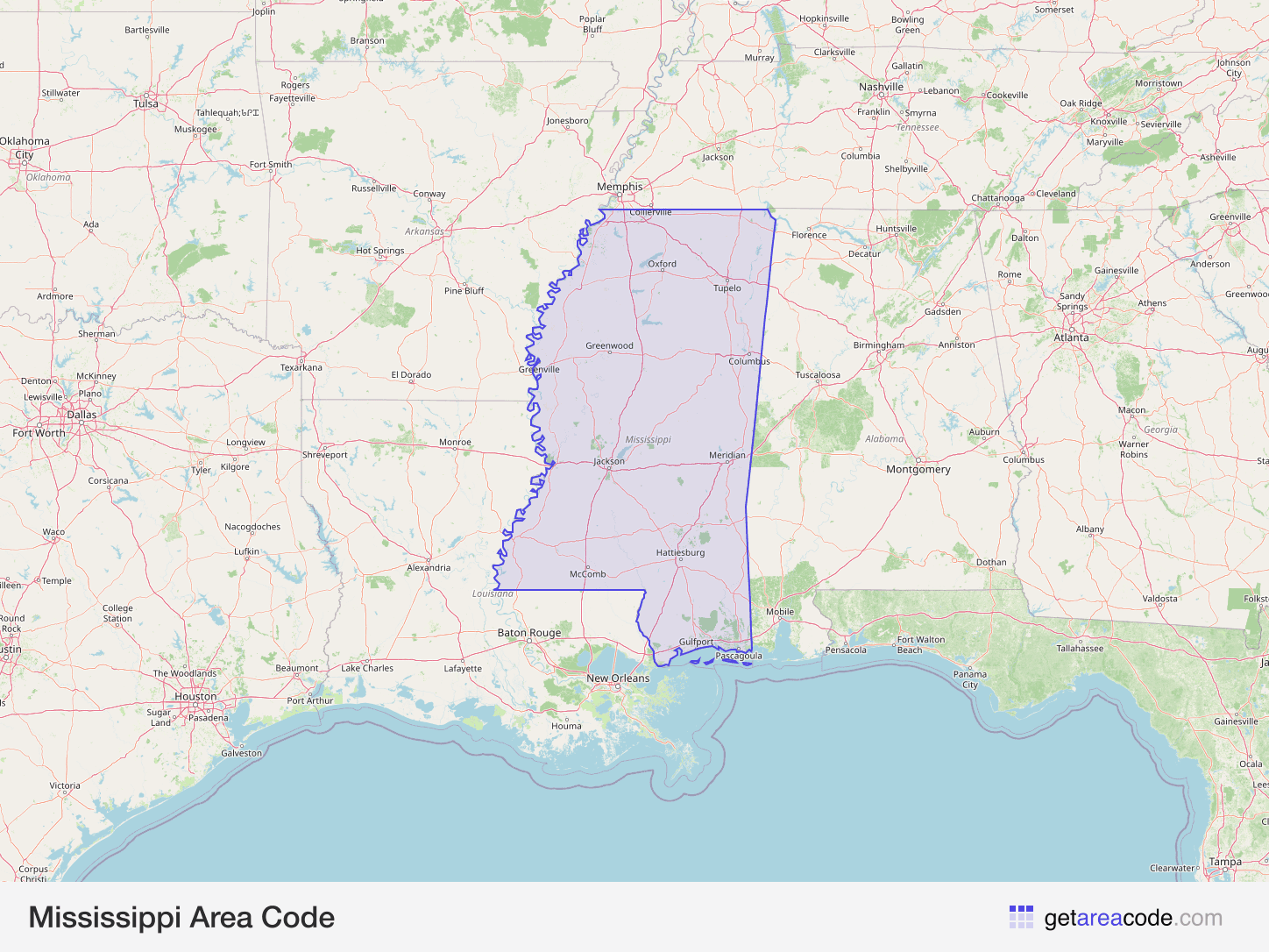 Map of Mississippi showing the area covered by its area codes