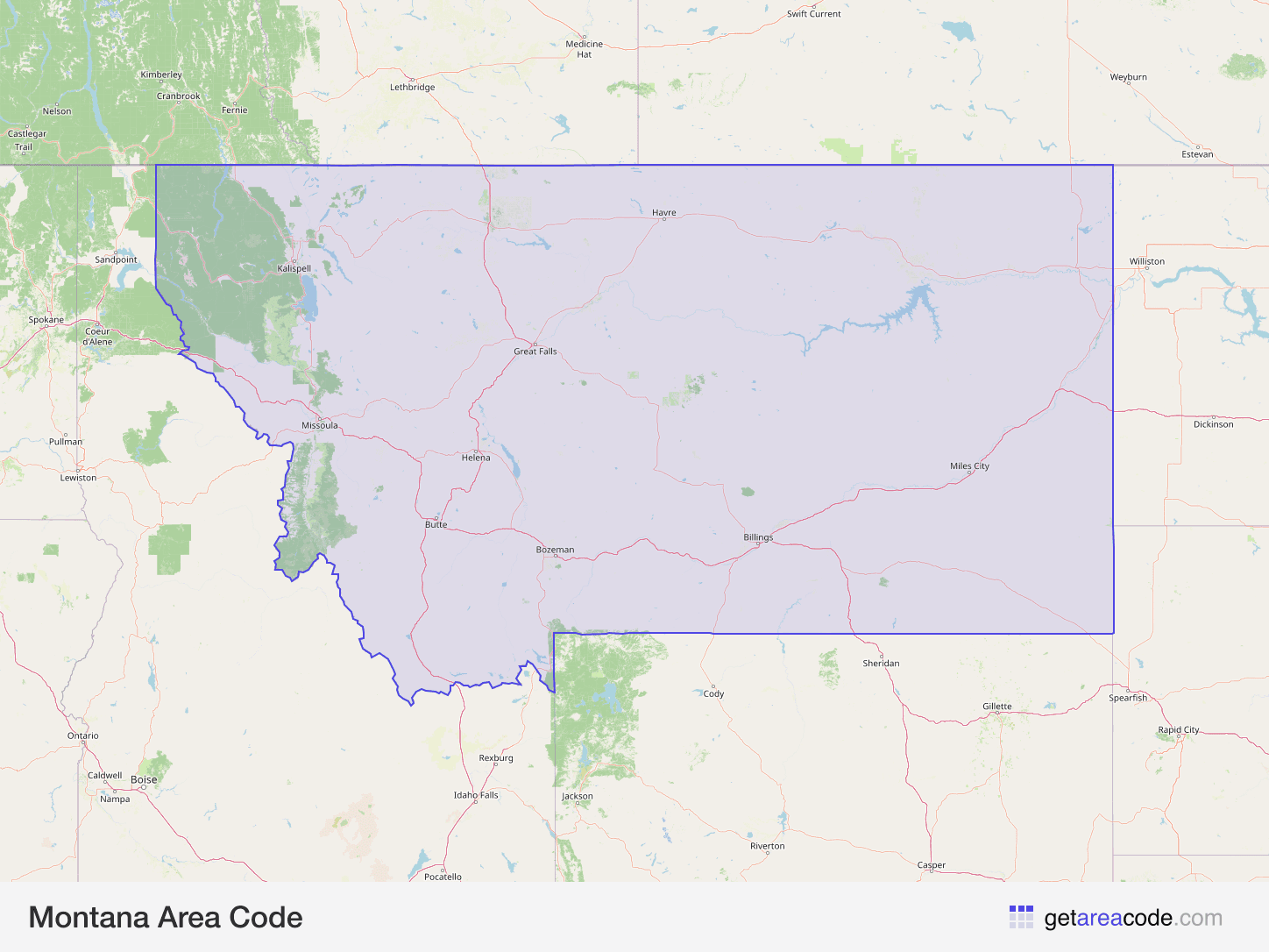 Map of Montana showing the area covered by its area codes
