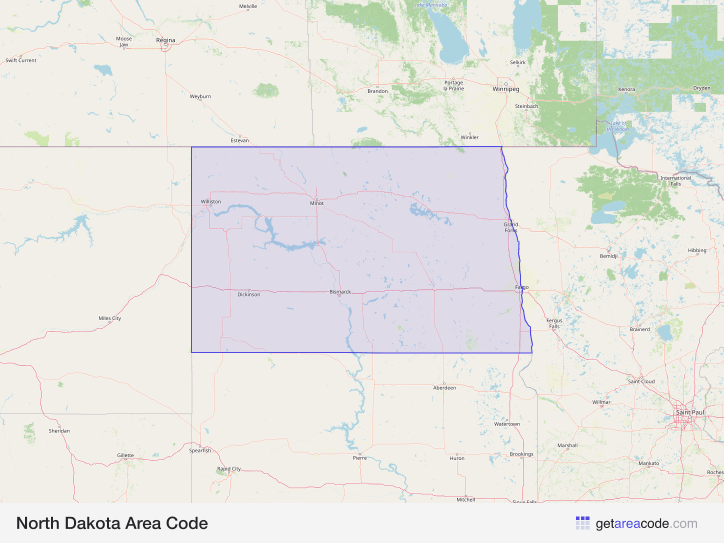 Map of North Dakota showing the area covered by its area codes