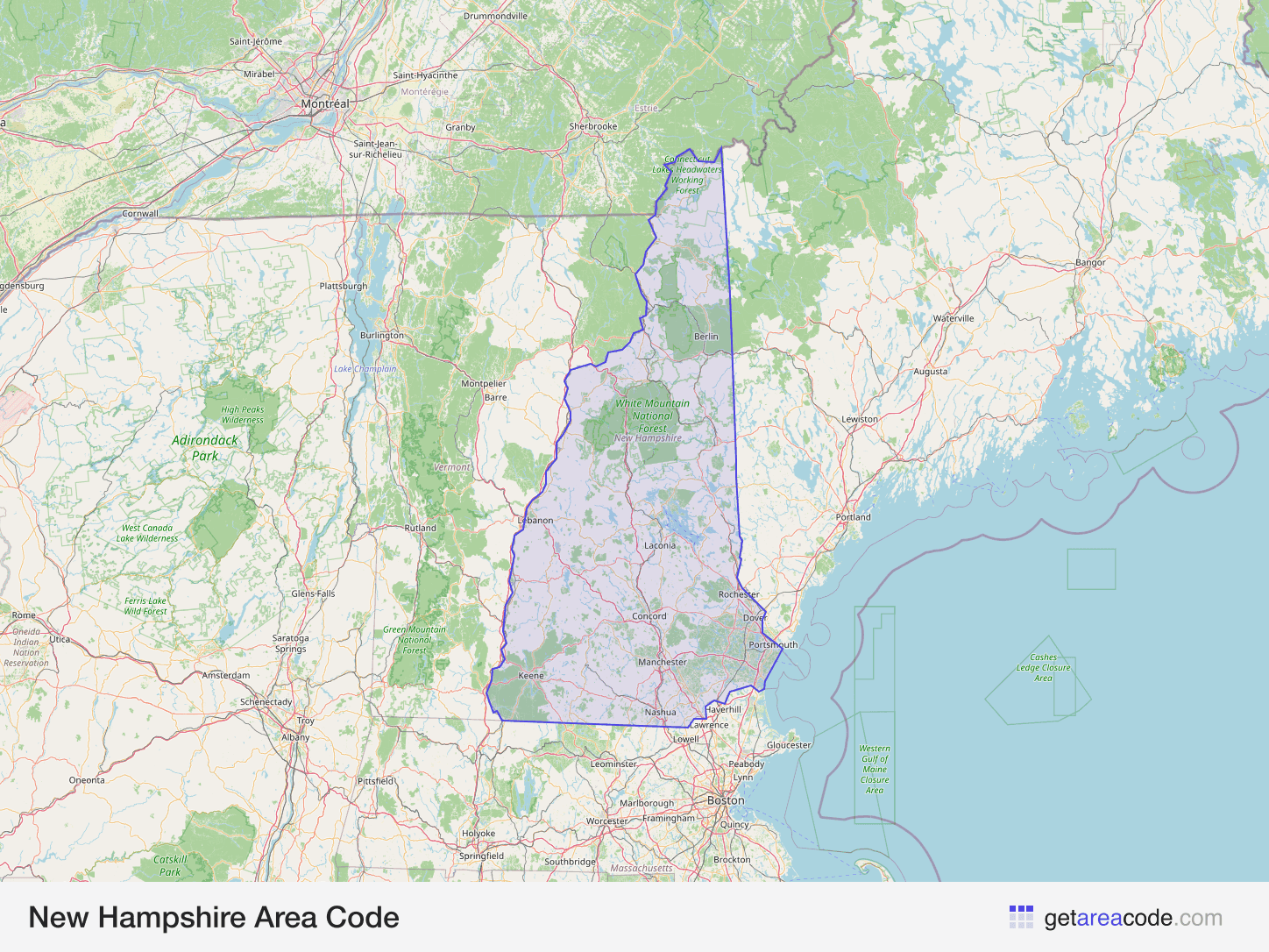 Map of New Hampshire showing the area covered by its area codes