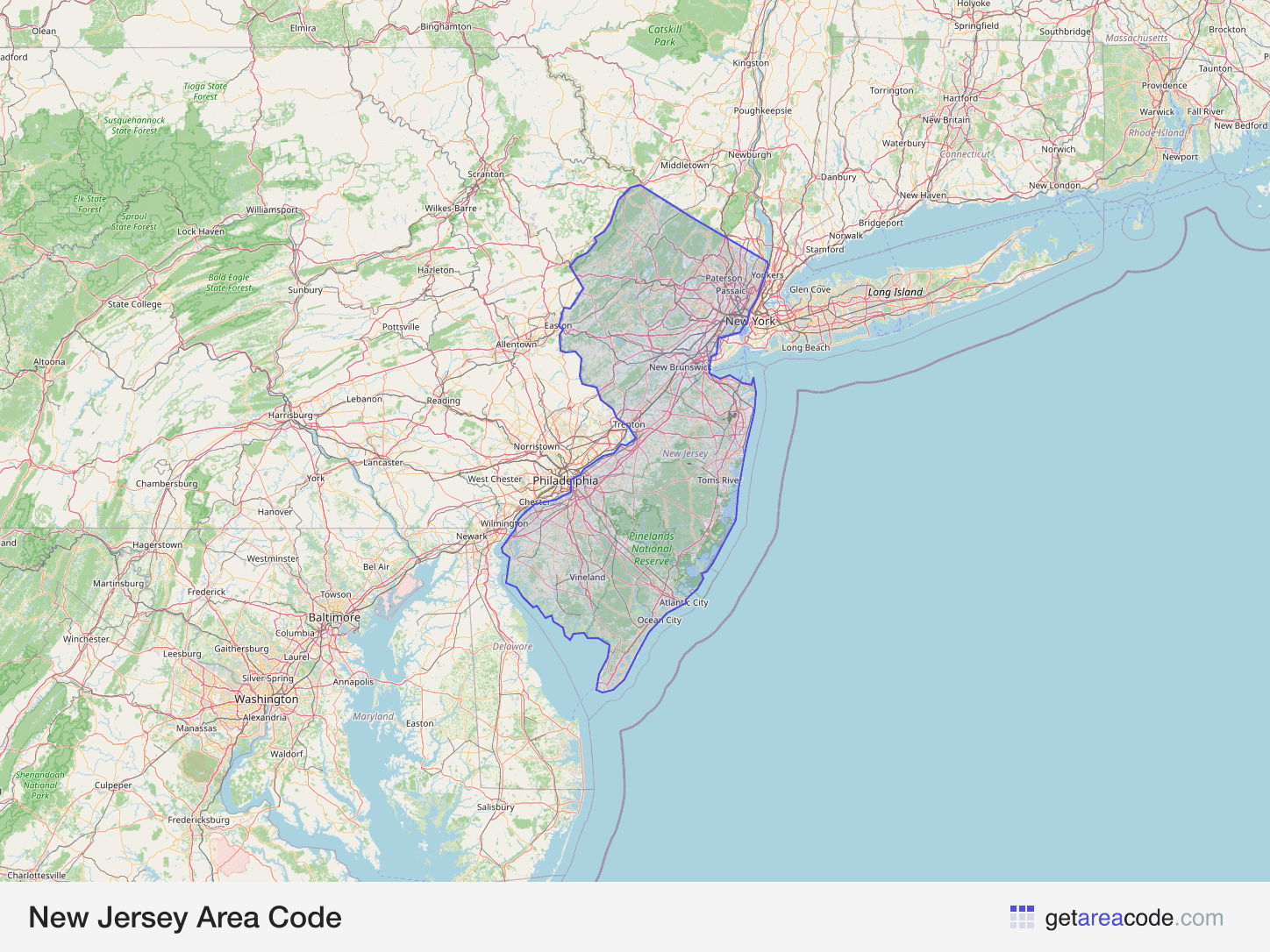 Map of New Jersey showing the area covered by its area codes