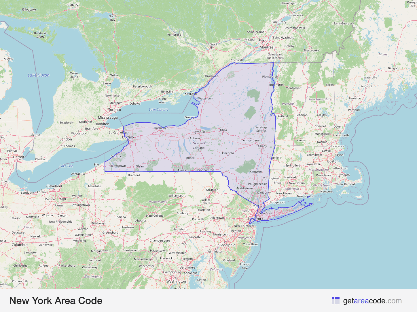 Map of New York showing the area covered by its area codes