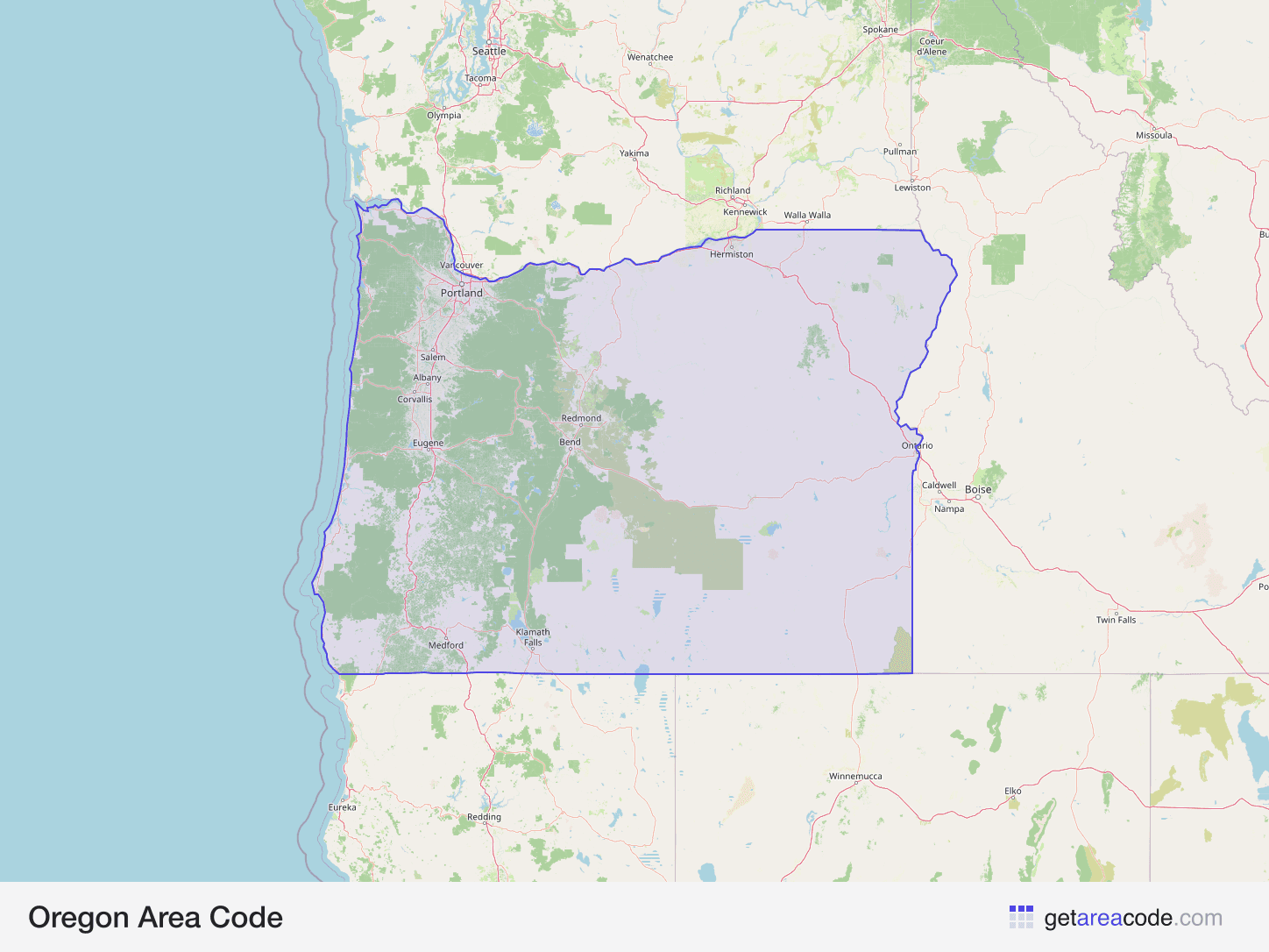 Map of Oregon showing the area covered by its area codes
