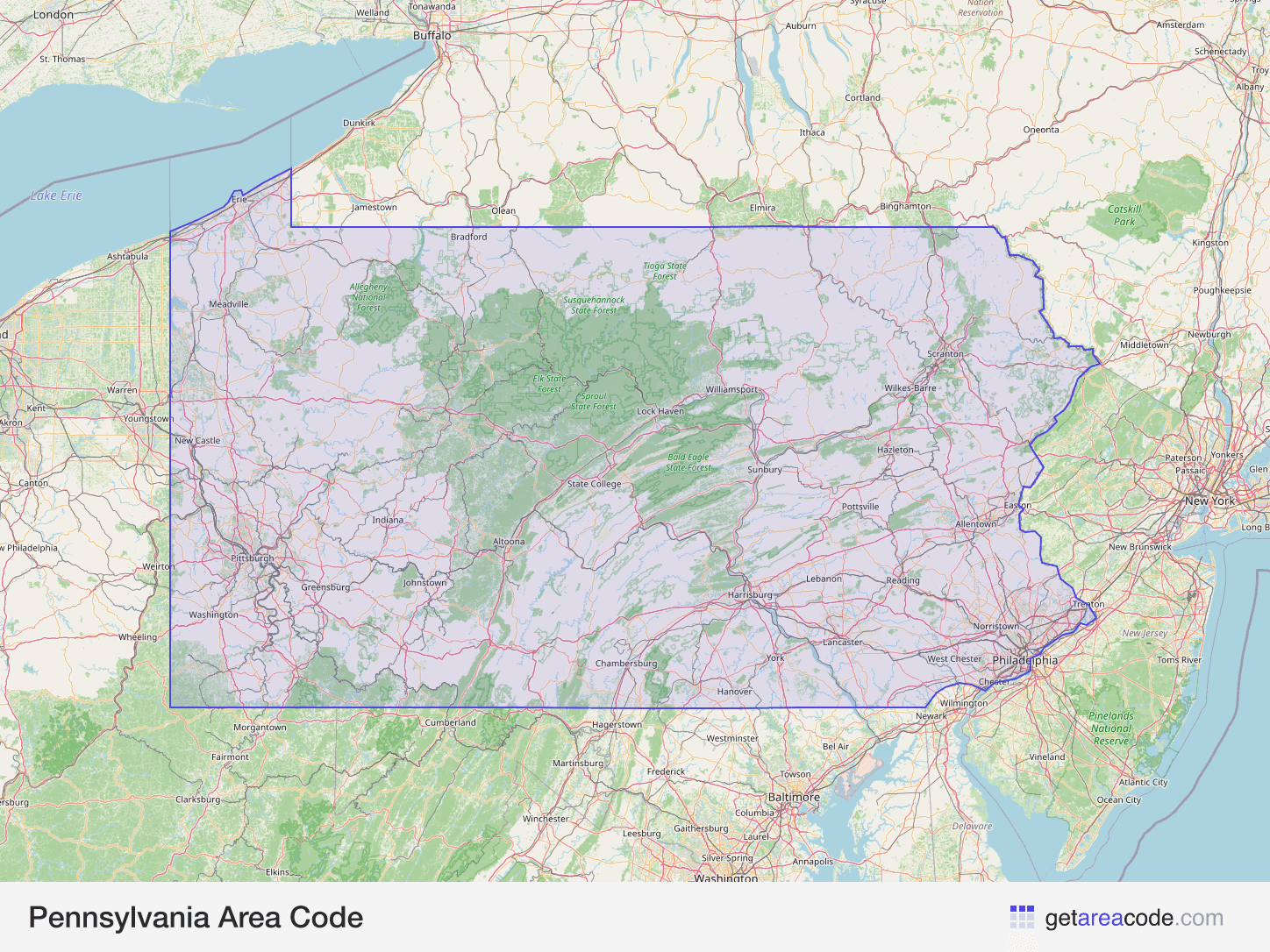 Map of Pennsylvania showing the area covered by its area codes