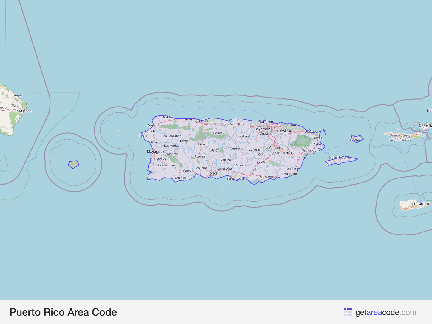 Map of Puerto Rico showing the area covered by its area codes