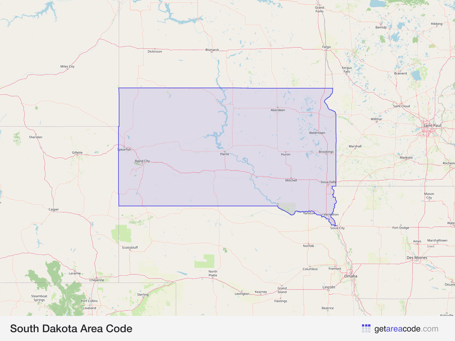 Map of South Dakota showing the area covered by its area codes