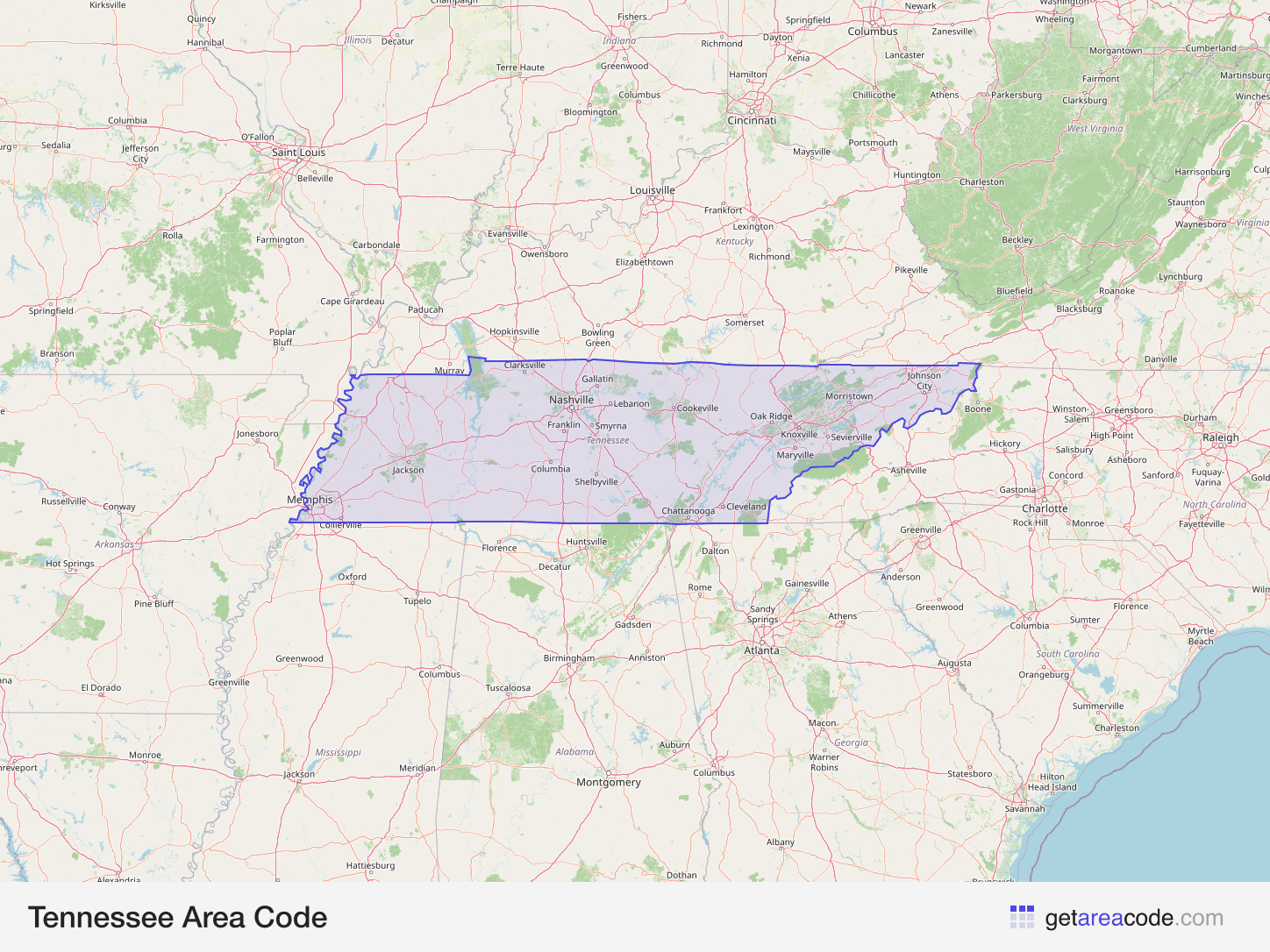 Map of Tennessee showing the area covered by its area codes