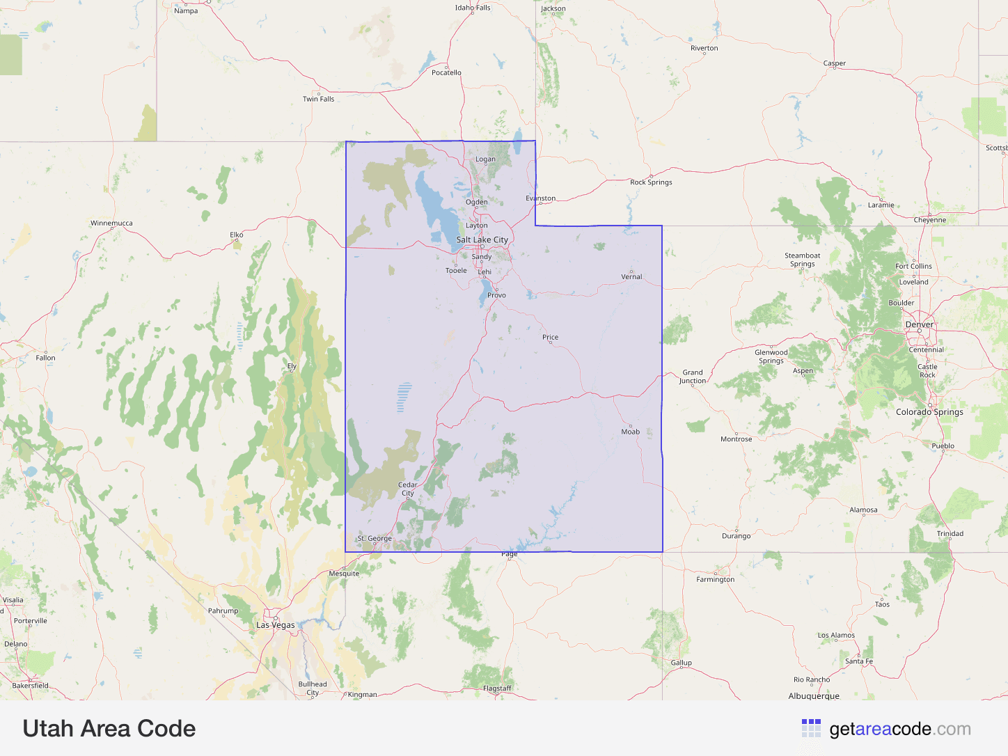 Map of Utah showing the area covered by its area codes