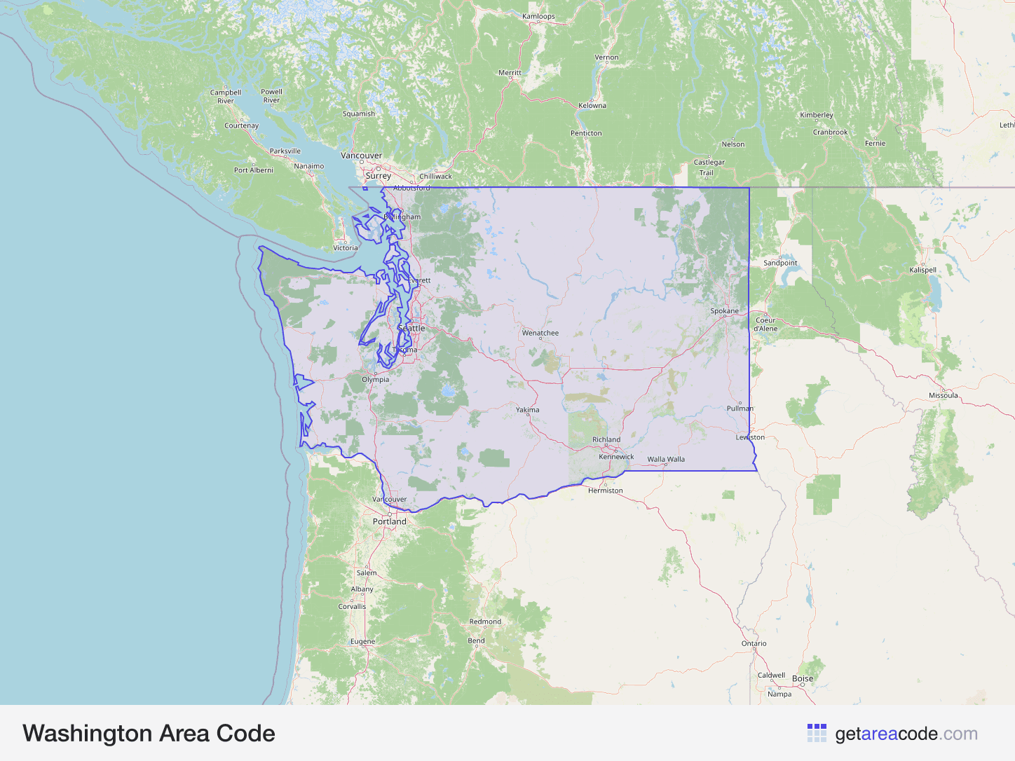 Map of Washington showing the area covered by its area codes