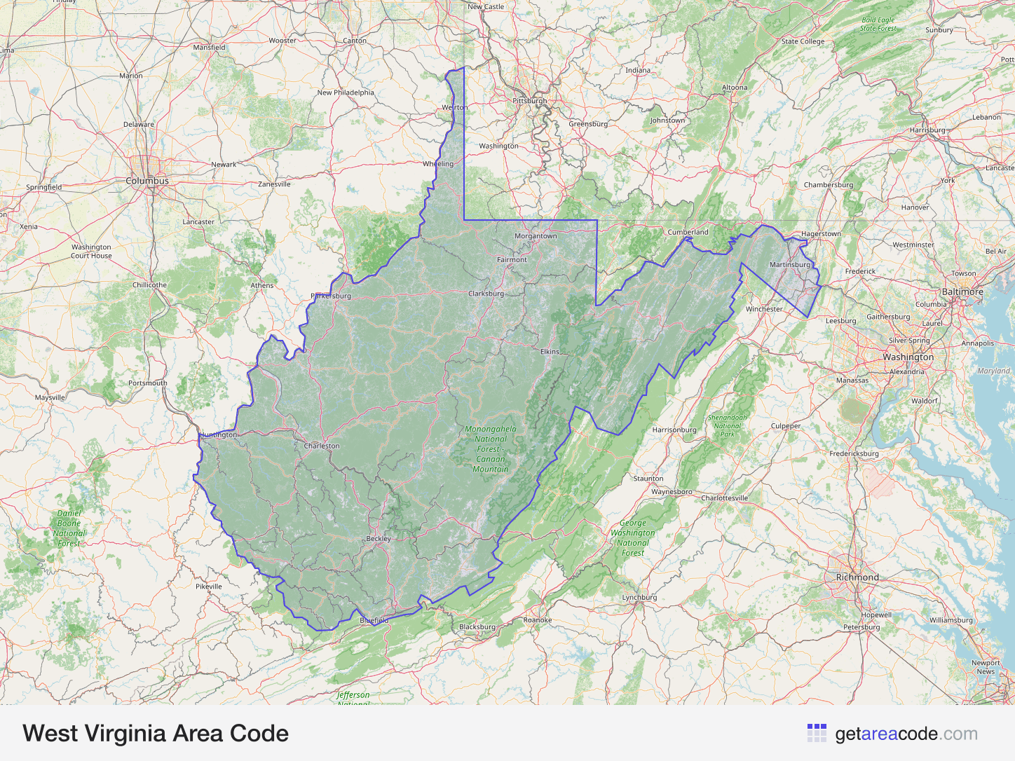 Map of West Virginia showing the area covered by its area codes