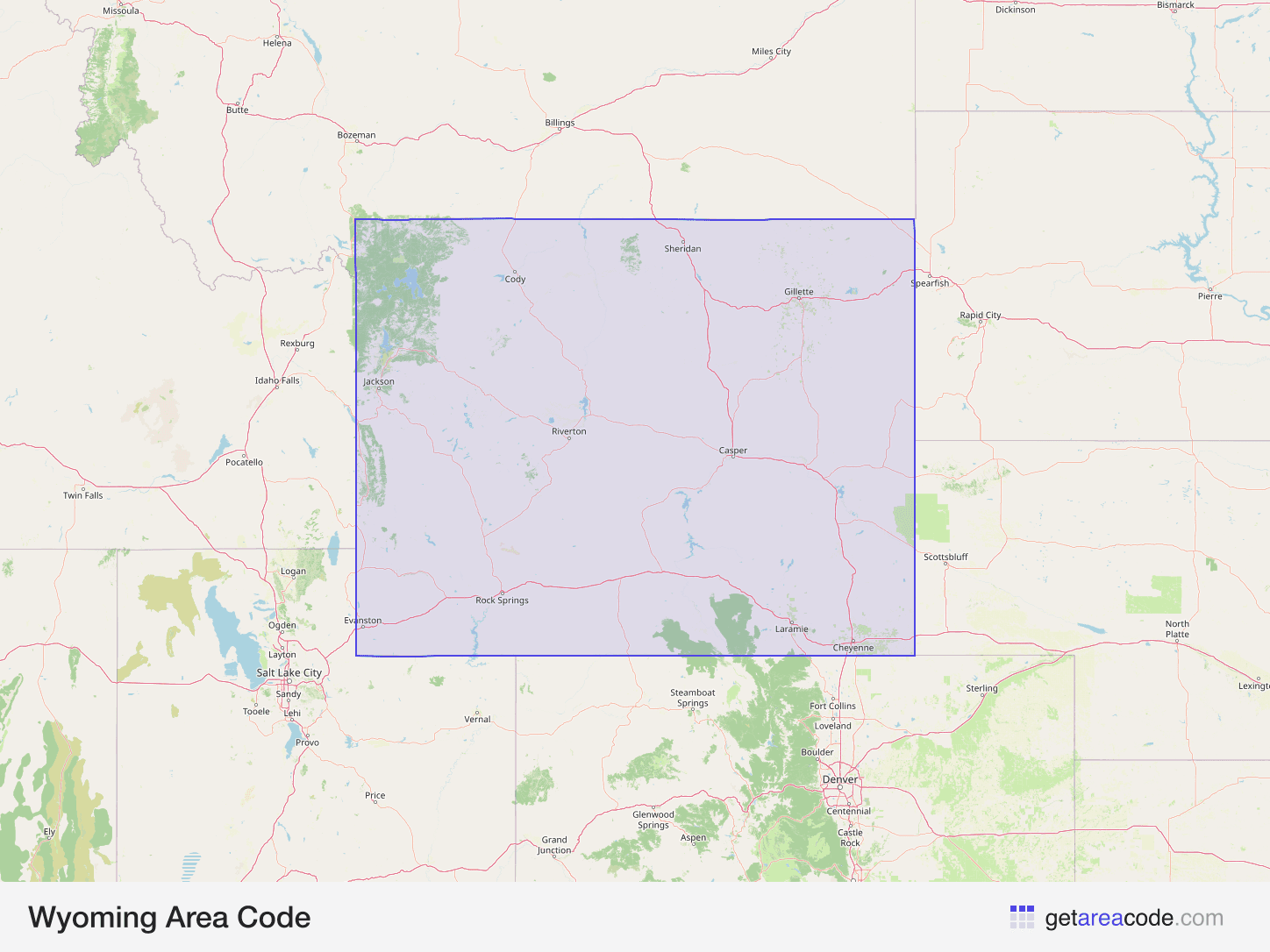 Map of Wyoming showing the area covered by its area codes